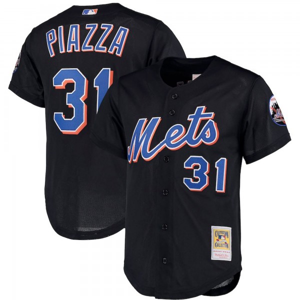 Mike Piazza New York Mets Mitchell & Ness Big & Tall Cooperstown Collection Mesh Button-Up Jersey- Black