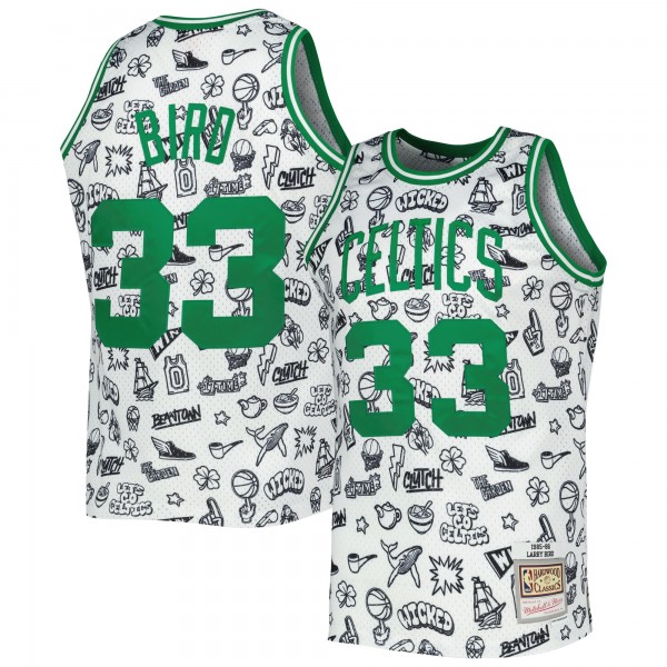 Larry Bird Boston Celtics Mitchell & Ness 1985/86 Hardwood Classics Doodle Swingman Jersey - White