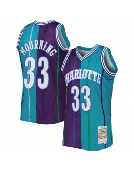 Alonzo Mourning Charlotte Hornets Mitchell & Ness Hardwood Classics 1992/93 Split Swingman Jersey - Teal/Purple