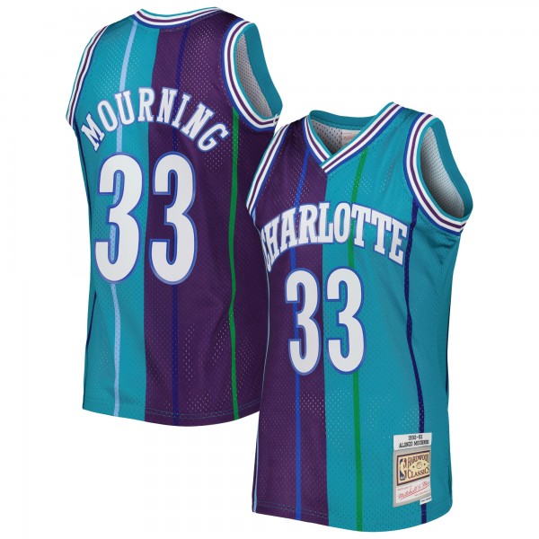 Alonzo Mourning Charlotte Hornets Mitchell & Ness Hardwood Classics 1992/93 Split Swingman Jersey - Teal/Purple