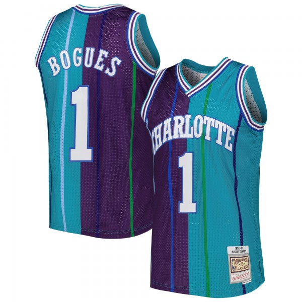 Muggsy Bogues Charlotte Hornets Mitchell & Ness Hardwood Classics 1992/93 Split Swingman Jersey - Teal/Purple