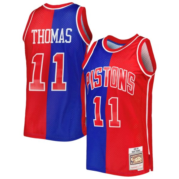 Isiah Thomas Detroit Pistons Mitchell & Ness Hardwood Classics 1988/89 Split Swingman Jersey - Blue/Red