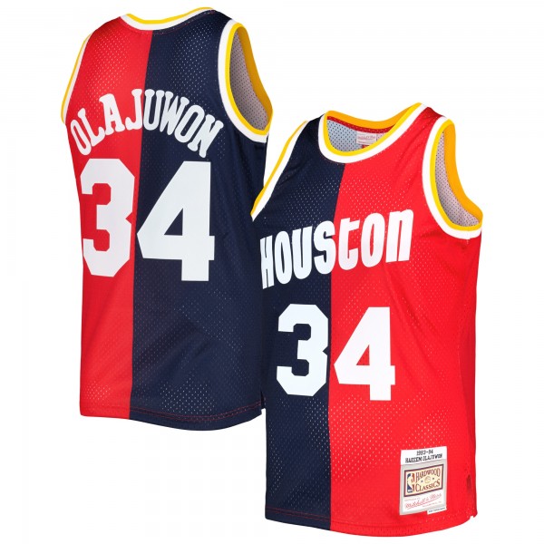 Hakeem Olajuwon Houston Rockets Mitchell & Ness Hardwood Classics 1993/94 Split Swingman Jersey - Navy/Red