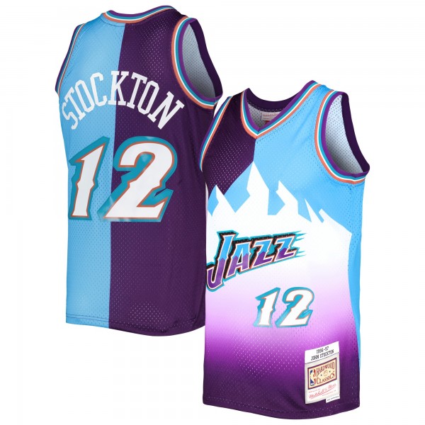 John Stockton Utah Jazz Mitchell & Ness Hardwood Classics 1996/97 Split Swingman Jersey - Purple/Turquoise