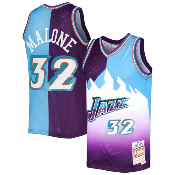 Karl Malone Utah Jazz Mitchell & Ness Hardwood Classics 1996/97 Split Swingman Jersey - Purple/Turquoise