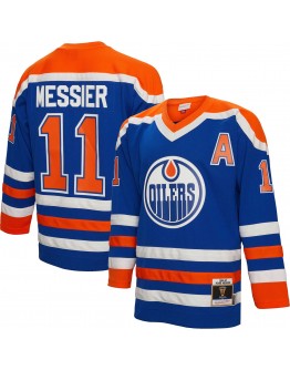 Mark Messier Edmonton Oilers Mitchell & Ness 1986/87 Alternate Captain Patch Blue Line Player Jersey - Royal